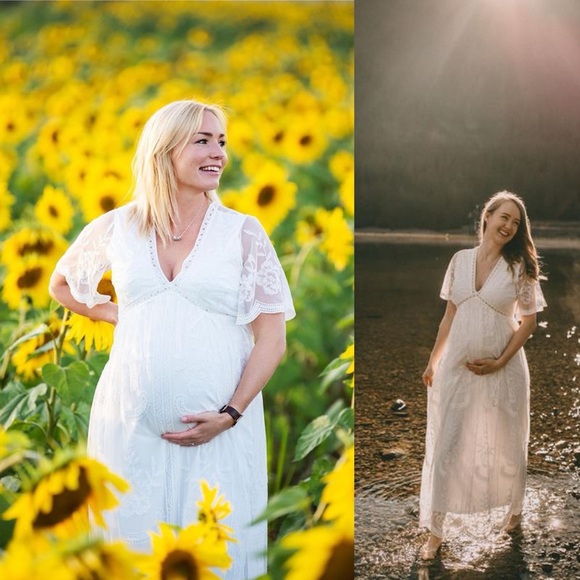 Pinkblush Maternity White Lace Overlay V Neck Maxi Dress - Picture 5 of 14